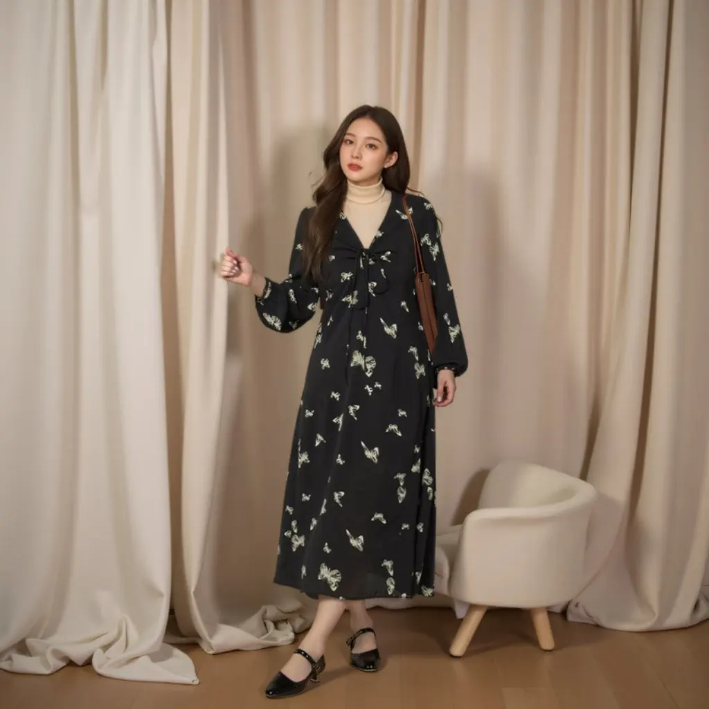 Extra Large Women's Chubby Girl Butterfly Printed Chiffon Deep V-Neck Long Sleeve Dress for Spring And Autumn High-End Feel