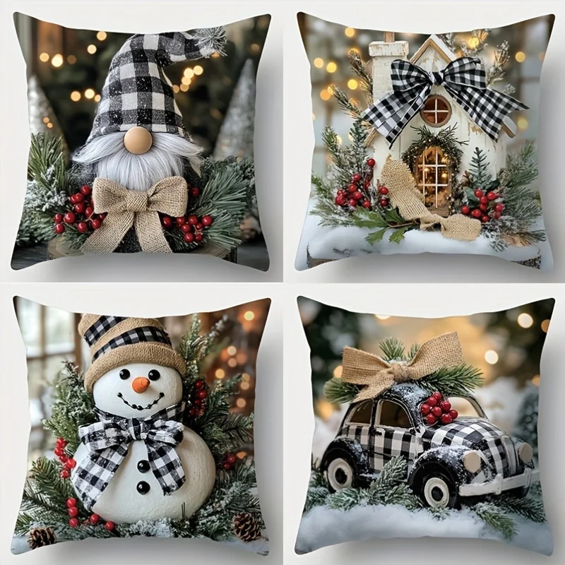 4-Pack Black White Christmas Pillow Covers, Plaid Gnome Snowman Print, Soft Polyester, Zipper Closure, for Sofa Decor