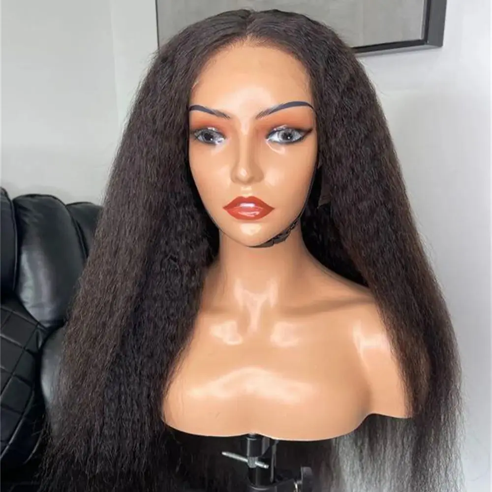 Yaki hitam Kinky lurus lembut alami ketebalan 180 Wig depan renda panjang 26 inci untuk wanita dengan rambut bayi prepked harian tanpa lem