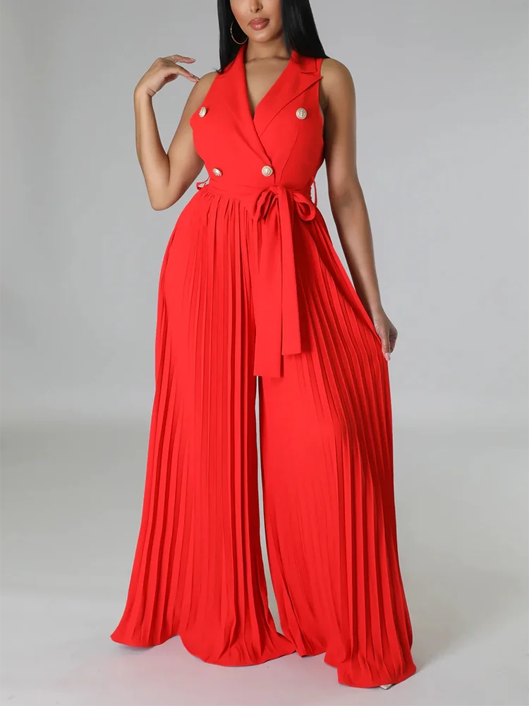 V-Neck Pleated Sleeveless Jumpsuit Women\'s Commuting Wind High Waisted Lace up Wide Leg Pants Loose Fashionable Jumpsuit