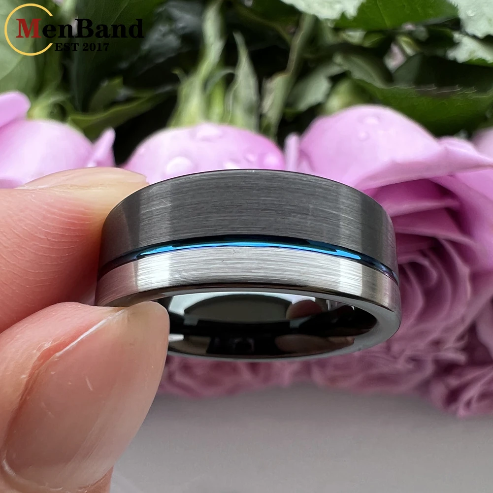 Black Tungsten Carbide Wedding Ring For 8MM Men And Women Blue Offset Groove Flat Band Brushed Finish Comfort Fit