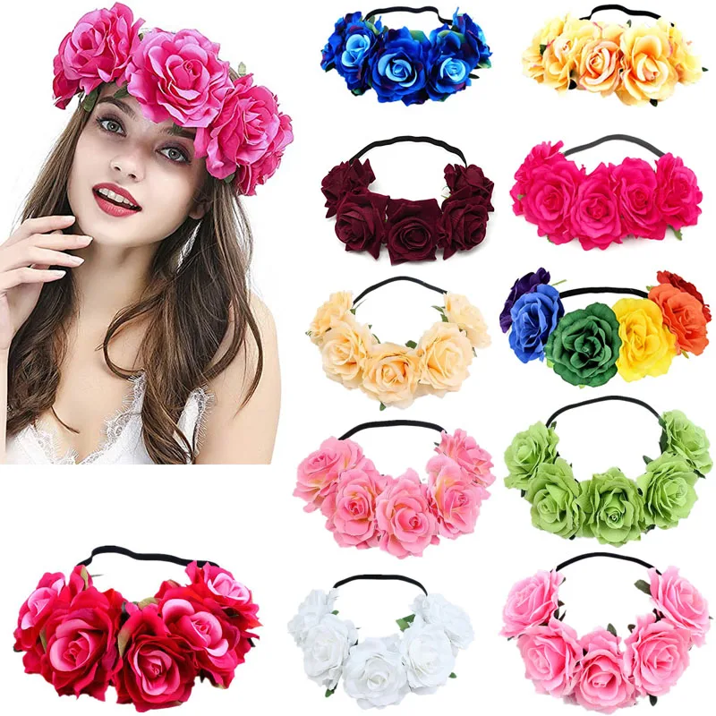 Diademas de corona de flores rosas, diadema elástica hawaiana para mujer, guirnalda Floral para fiesta, Festival, guirnalda para el cabello, tocados de boda