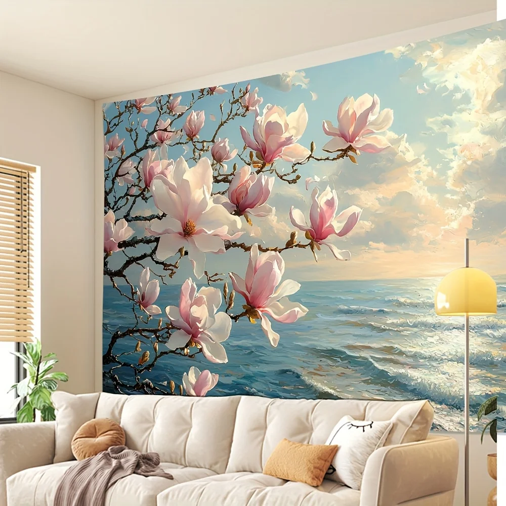 Tranquil Beach Blossoming Magnolia Tree Tapestry Wall Art with Serene Ocean & Sky Scene, Perfect for Living Room, Party Decor