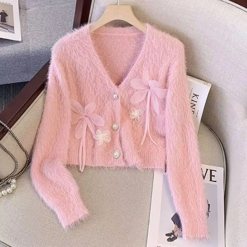Sweet Flower V-neck Knitting Cardigan Women Autumn Winter Fashion Frend Sweater Coat Casual Prairie Chic All-match Knitwear Tops