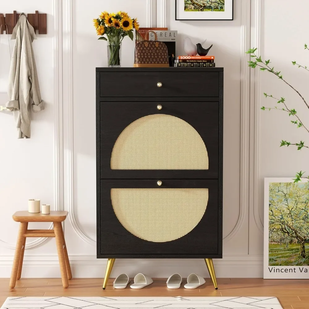 Rattan Shoe Cabinet 4 Flip Door , Freestanding Shoe Rack Storage Organizer with 3-Tier Adjustable Shelves，Shoe Rack image 5