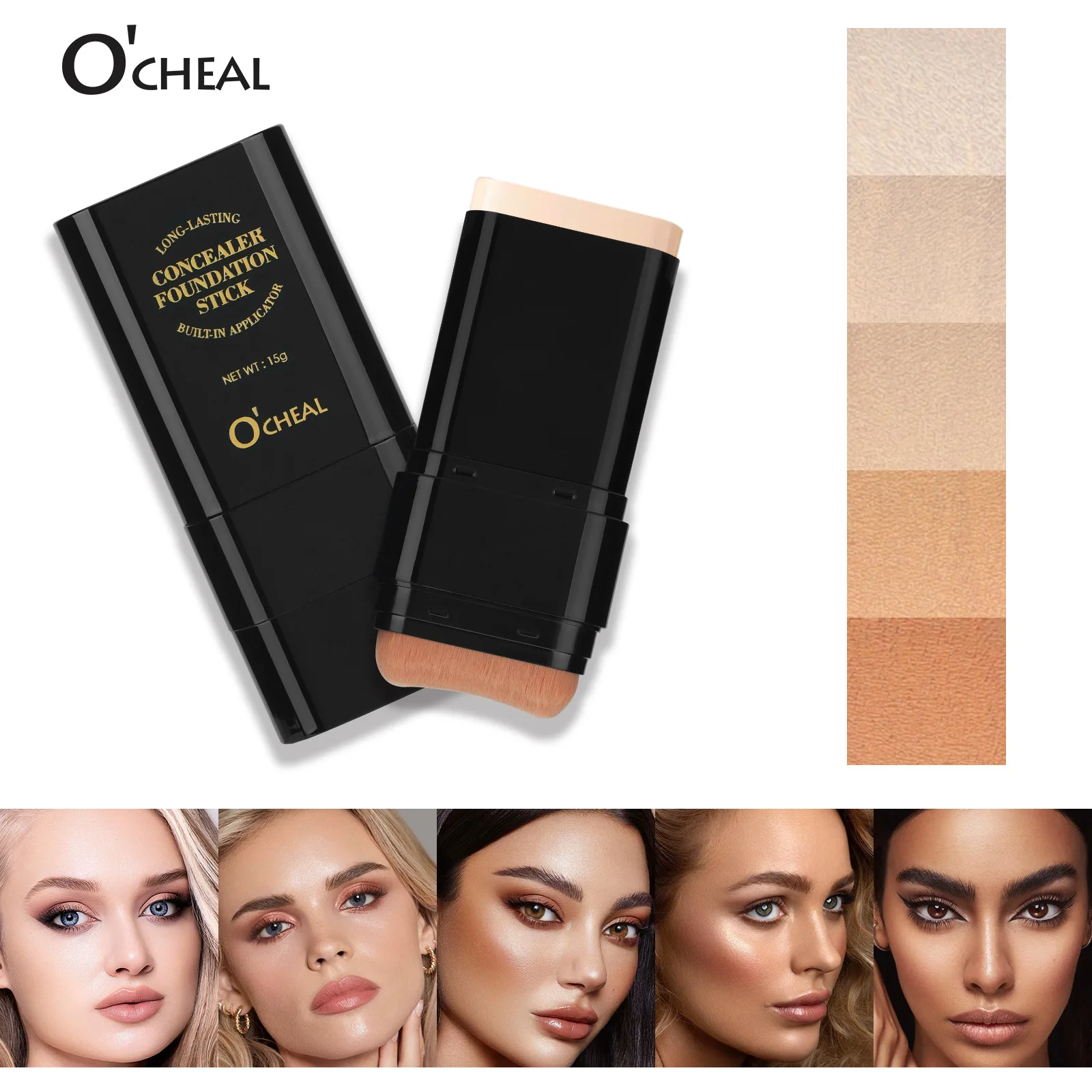 Double-ended eraser, foundation stick, contour corrector, blemish concealer, spot treatment, and brightening foundation.