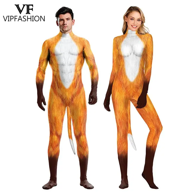 VIP FASHION-disfraz de zorro para adultos, traje de cobertura completa con estampado de animales, mono Zentai para carnaval, trajes con cola