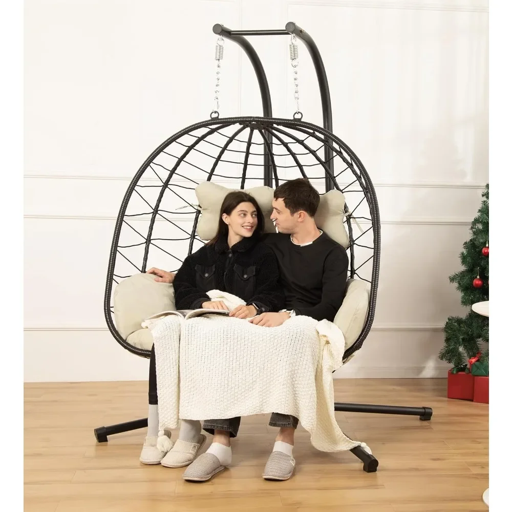 

Wicker Swing Egg Chair Hammock Foldable Hanging Loveseat with Stand, UV Resistant Removable Cushions, 700LBS Capacity