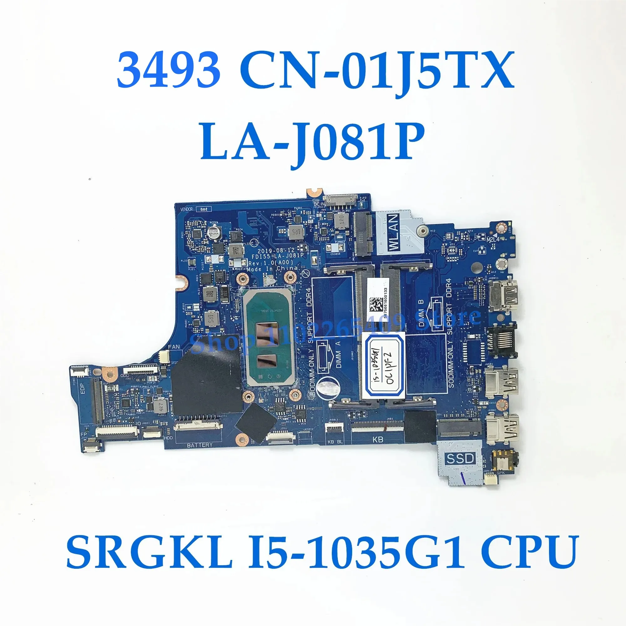 052X6W 0790WT 07TKJ3 01J5TX 01VFDK 047MF0 0G8NCD Mainboard For DELL 3493 3593 3793 5593 LA-J081P Wth I3/I5/I7 CPU 100% Tested OK