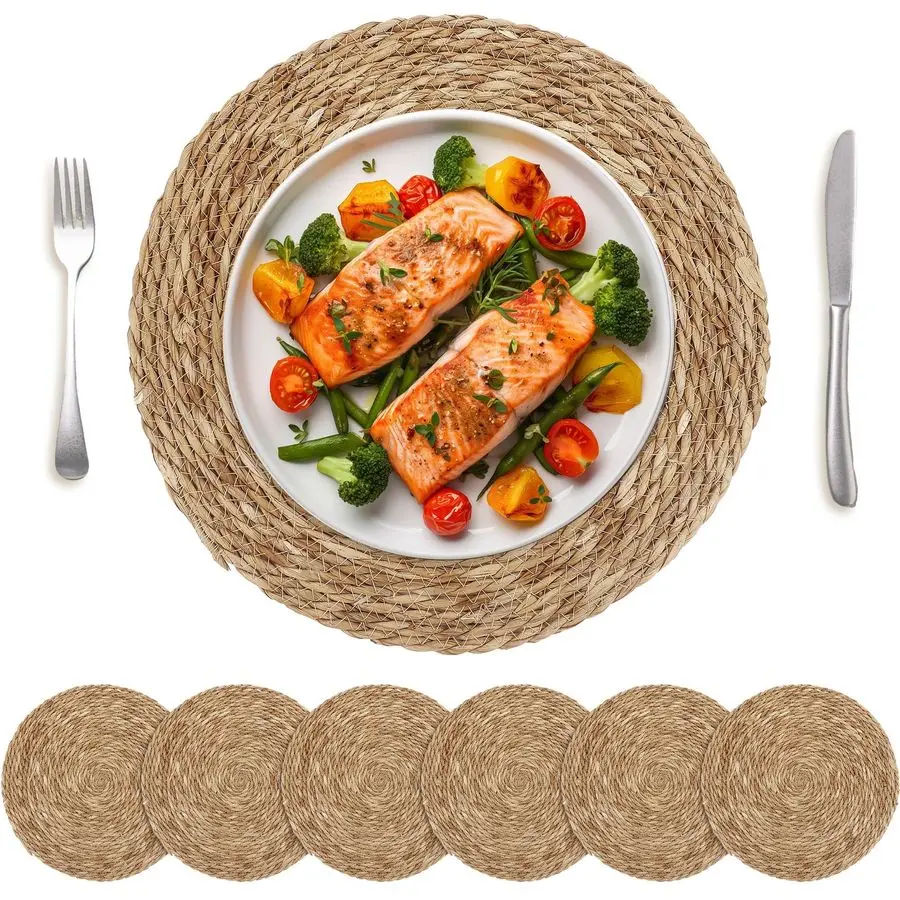 

Set of 6 Round Woven Placemats 15 Inch Bulrush Placemats Natural Handwoven Boho Rattan Wicker Table Mats for Farmhouse amp Home