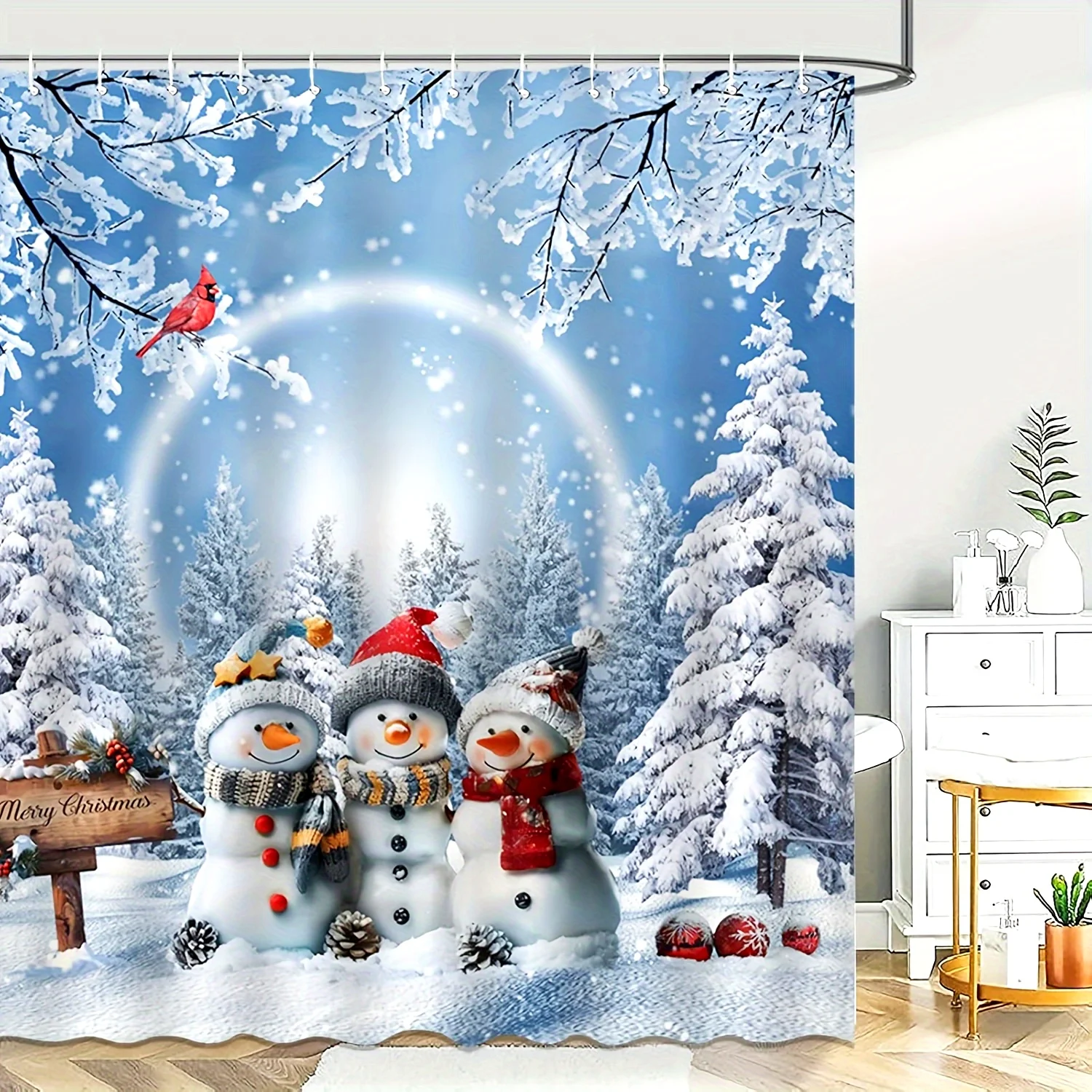 

«Очаровательная семейная занавеска для душа со снеговиком и дизайном «Зимняя страна чудес», водонепроницаемая и устойчивая к плесени для праздничного декора ванной комнаты»