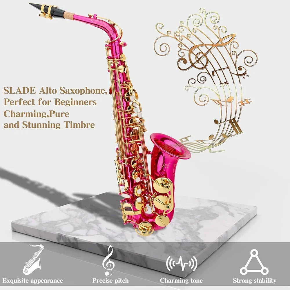 Rose Red Eb Alto Saxophone for Beginners Adults Brass E Flat Key Type Saxophone Woodwind Instrument with Case Strap Glove Parts