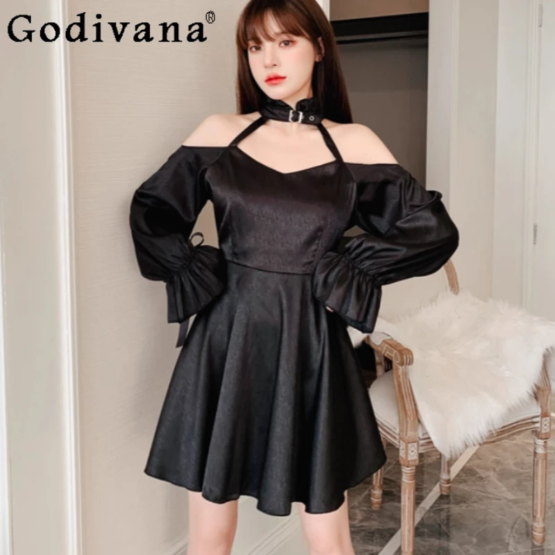 

Large Size Girl Early Autumn Sexy Slash Neck Long Sleeve Slim Black Dress Fashion Versatile High Waist A-line Ruffles Dresses