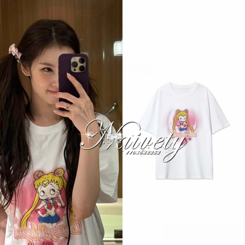 2026 Sommer Sailor Moon Leopardenmuster Baumwoll-T-Shirt, Kinder & Erwachsene Locker Sitzende Sportbekleidung Niedliche Anime Manga Grafik Übergroßes T-Shirt Y2k