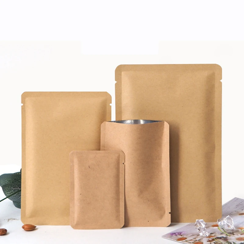 100Pcs Thick Open Top White Kraft Paper Heat Sealing Aluminum Foil Packaging Bag Tea Bean Powder Nut Dried Fruit Storage Pouches