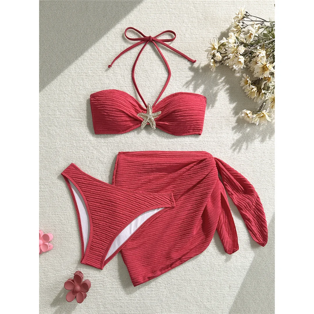 3-teiliges Set mit Sarong, Metallstern-Halterneck-Bikini, Damen-Badeanzug, Damen-Badebekleidung, dreiteiliges Bikini-Set, Badeanzug, Badebekleidung, Schwimmbekleidung V7042 – Detail 27