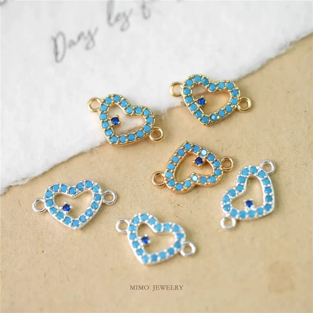 

1PCS 13.7x8.2mm DIY Handmade Accessory: Copper-plated Real Gold Blue Slightly Zircon Hollow Heart-shaped Double Pendant
