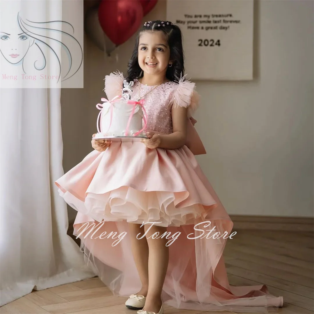 

Wedding Pink Princess Sleeveless Tulle With Flower Girl Dress For Feather Sequin Pearls Puffy Birthday First Communion Ball Gown