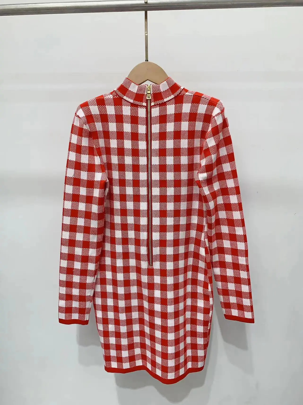 

Women's Contrast Plaid Mini Dress OL 2024 Spring New Mock Neck Long Sleeve Knitted Short Robe