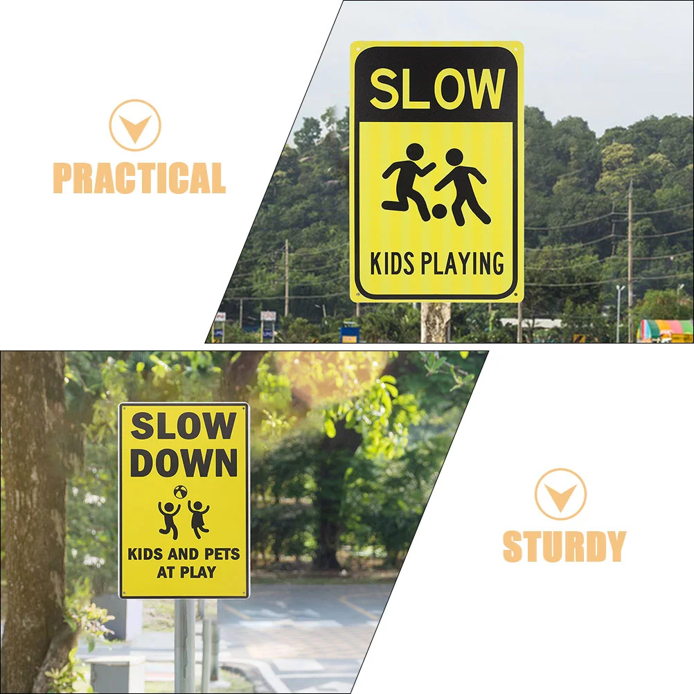 Kids Playing Safety Signs, Decoração de Parede, Street Warning, Tráfego, Iron Road, Slowing Down, 2 Pcs