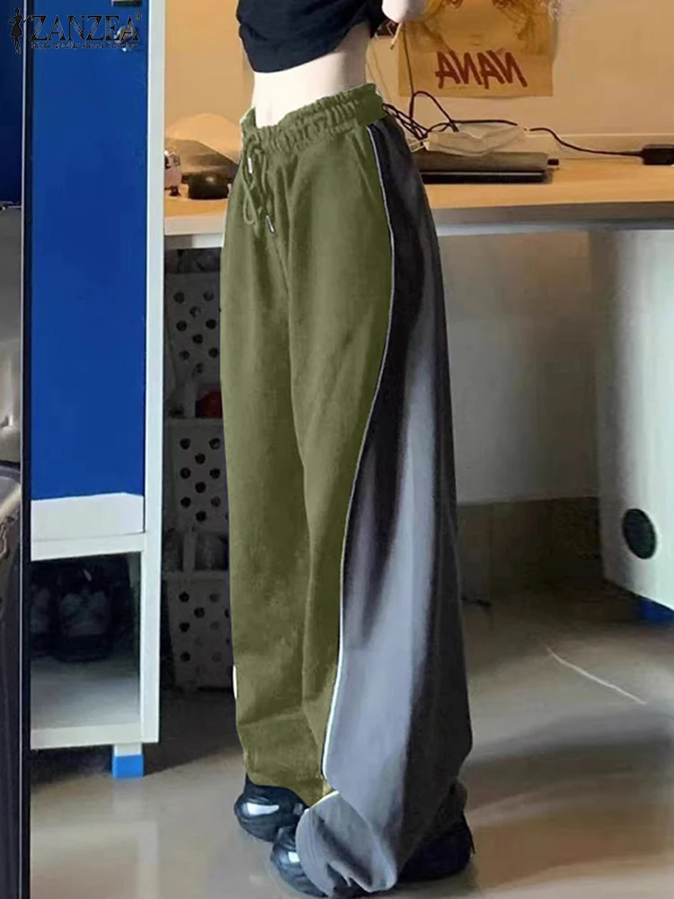 

2025 ZANZEA Sporty Wide Leg Pants Women Color Patchwork Long Trousers Fashion Casual Elastic Waist Loose Streetwear Pantalons