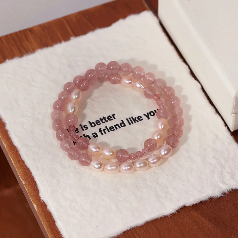 Strawberry Quartz Rose Quartz Double Layer Handmade Beaded Bracelets Delicate Gentle Stackable Jewelry for Women 2026 Gifts