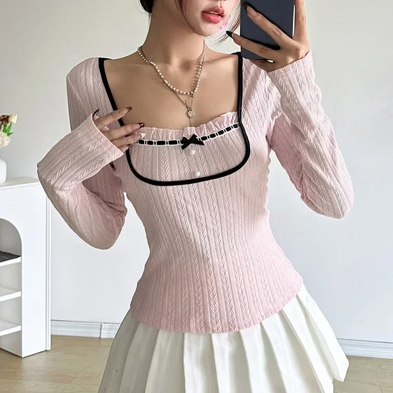 Y2k Knitted Top Pink Lolita Style Coquette Aesthetic Knitwear with Bow Buttons Decorated T-shirts Autumn Spring Kawaii Clothes