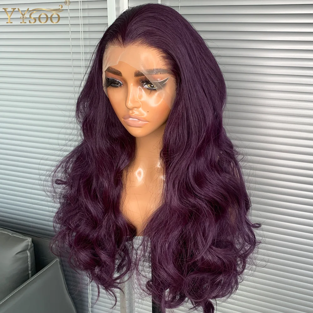 YYsoo-Perruque Lace Front Wig Synthétique Sans Colle, Cheveux Longs Violets, 13x4 Futura, Pre-Plucked, Naissance des Cheveux, 950 #, pour Femme Noire