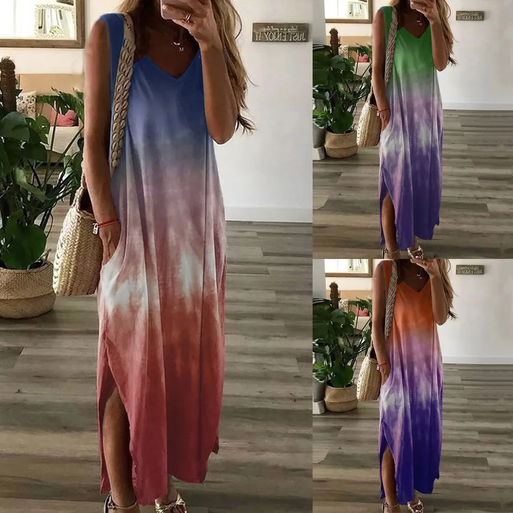 

Women's Casual Loose Sundress Fashion Tie-Dyed Long Dress Sleeveless Split Maxi Dresses Summer Beach Dress with Pockets