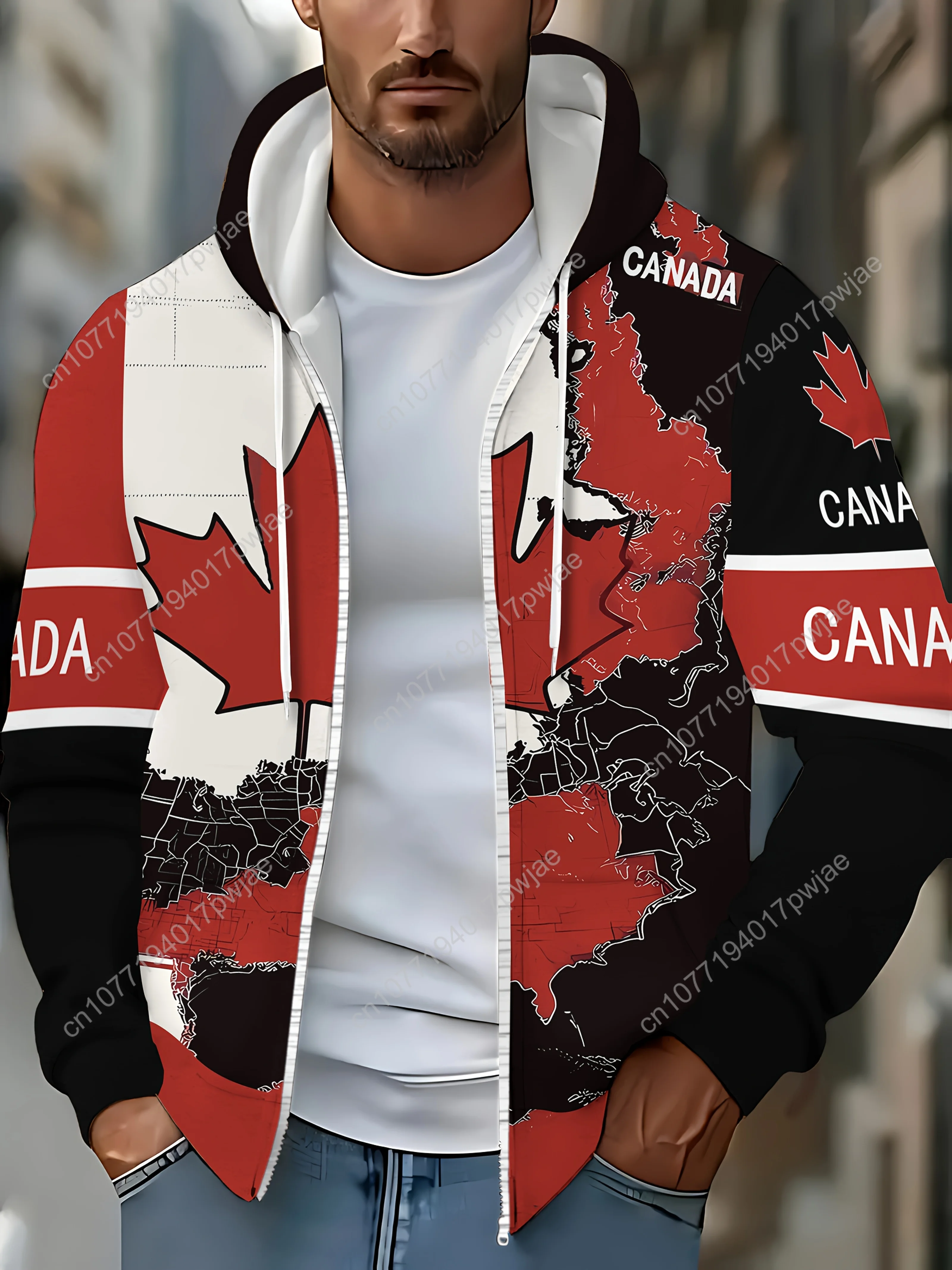 Jaket Musim Dingin Pria dengan Desain Ritsleting Daun Maple - Mantel Luar Ruangan Panjang yang Hangat, Hoodie yang Dapat Dicuci dengan Mesin untuk Musim Gugur & Musim Dingin