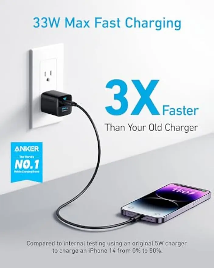 Anker 33W 2-Port Compact USB-C Charger, Foldable Plug, Compatible with iPhone 17/16 Series, Galaxy, and More (Black)
