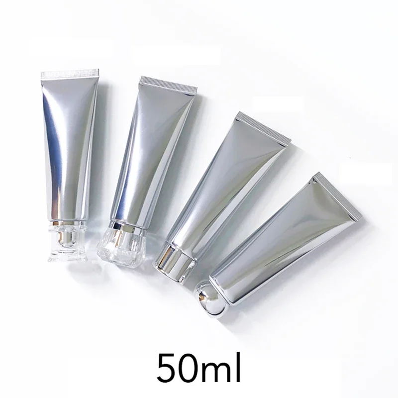 

50g Silver Aluminum Plastic Squeeze Bottle 50ml Empty Refillable Soft Tube Cosmetic Facial Cleanser Lotion Body Cream Container