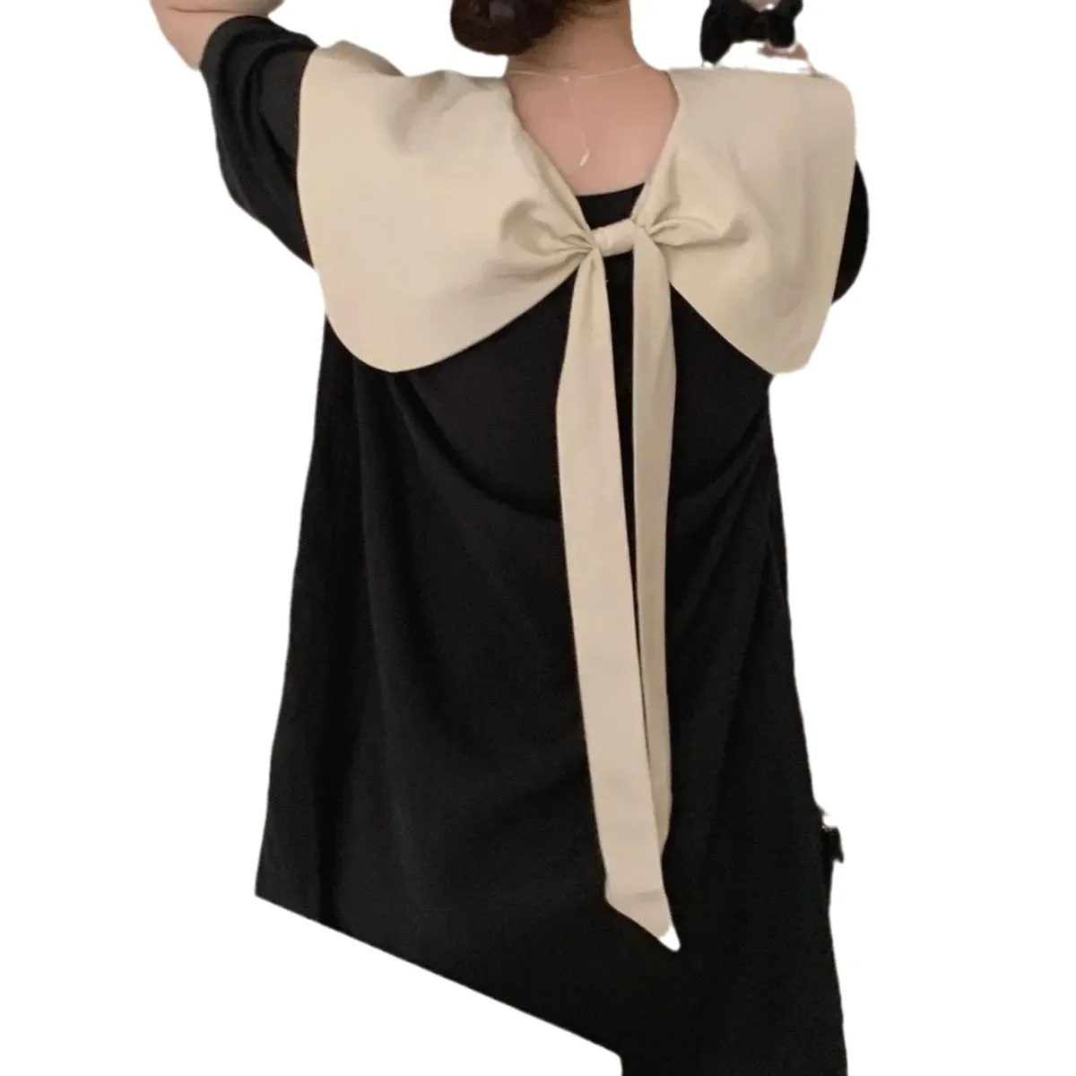 Dongda Gate 2026 Summer New Style Front And Back Wearable Color Block Doll Collar Knot Dress Women's Black Dress