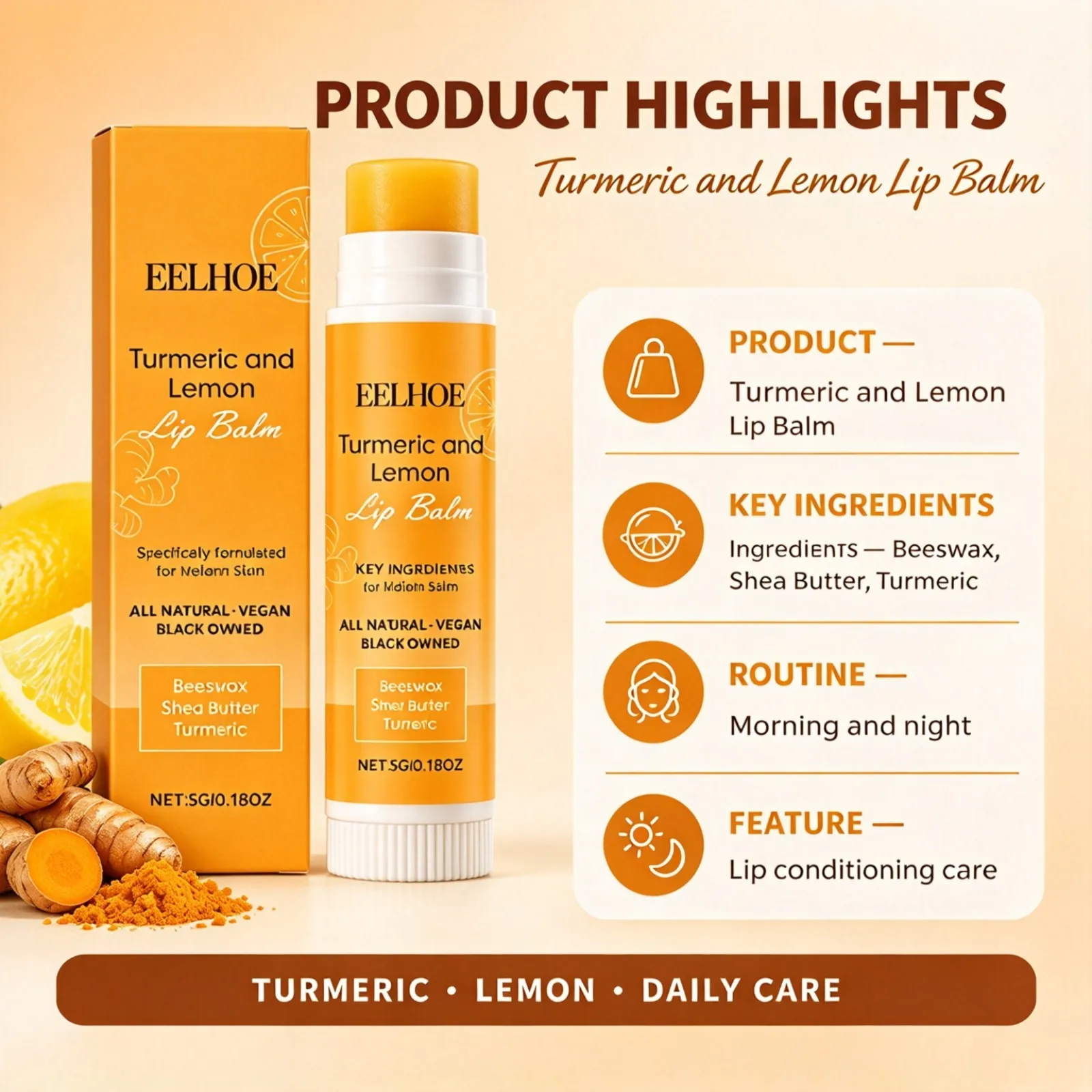 Turmeric Lip Balm 5g Improve Dull Lip Appearance Soothing Repair Dry Cracked Lips Long Lasting Moisturizing Natural Lip Care
