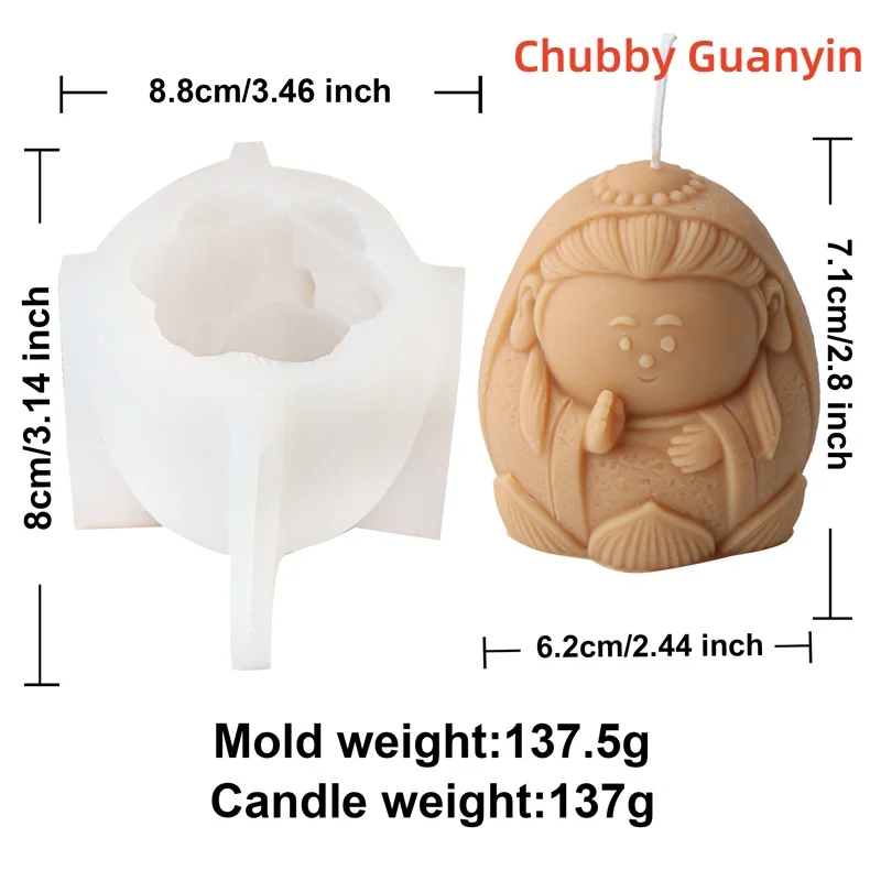 Lotus Base Little Cute Chanting Guanyin Candle Mould Chubby Buddha Sculpture Buddhism No Look Say Listen Statue Silicone Molds