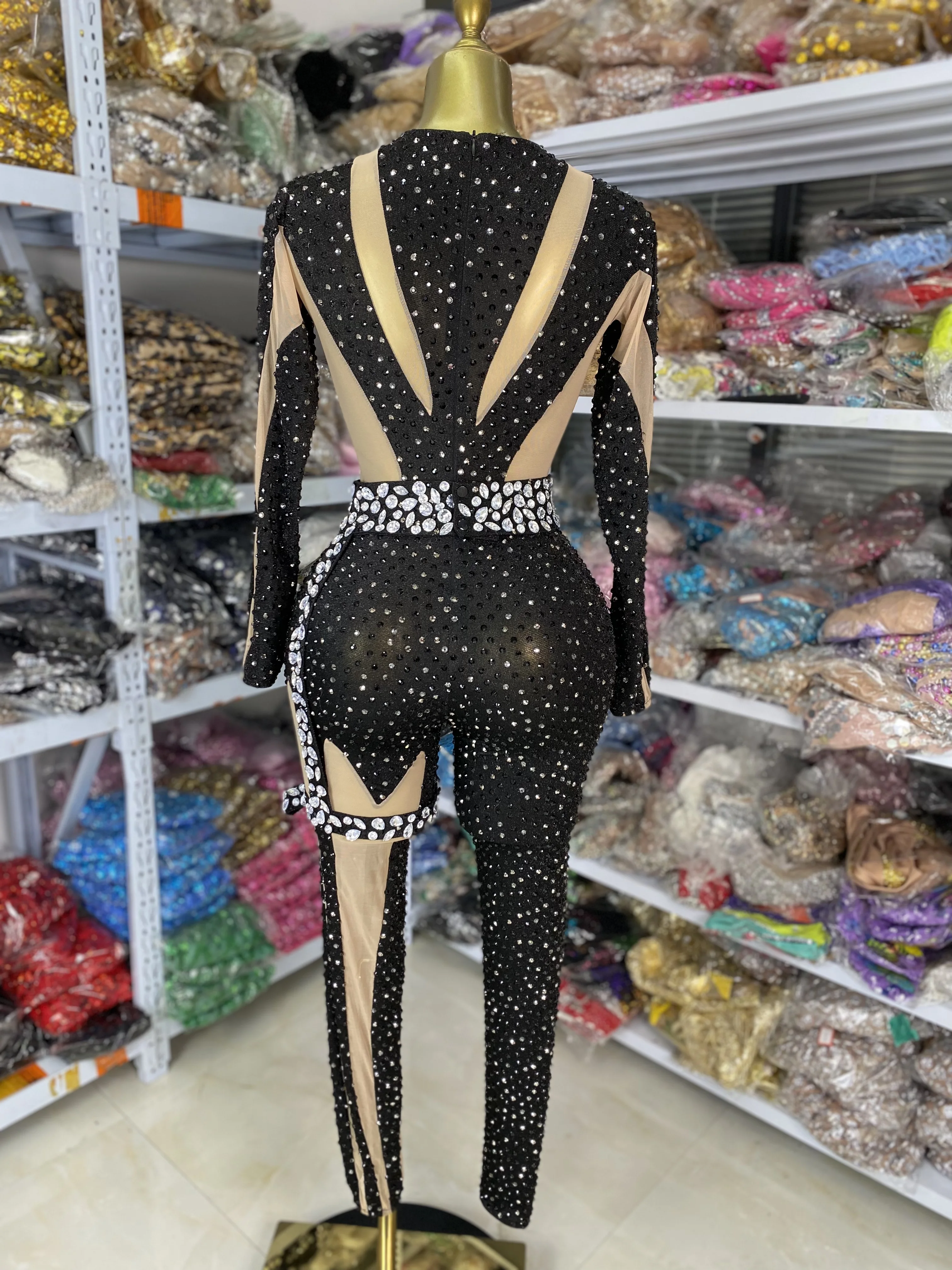 卸売 女性用 デザイン キラキラ ラインストーン メッシュ ボディコン ジャンプスーツ 歌手 ダンサー パフォーマンスコスチューム イブニングクラブ パーティードレス