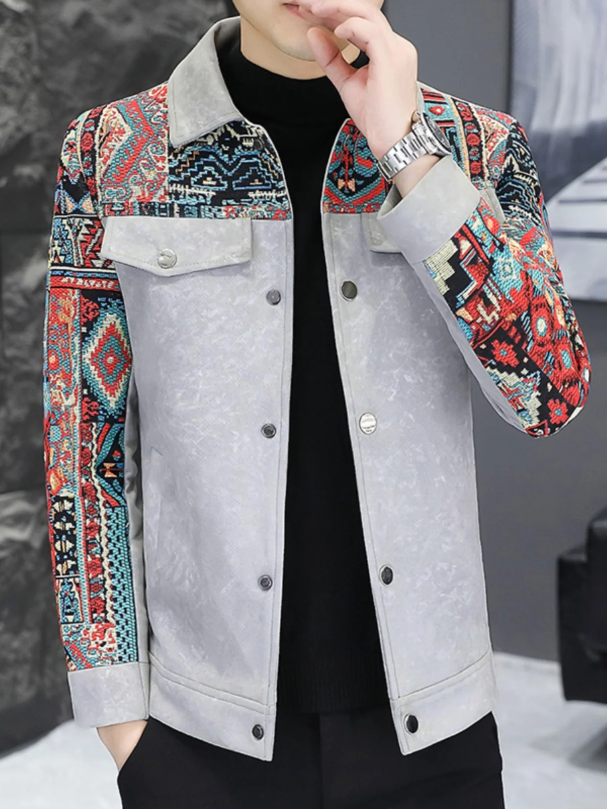 

Anti-Wrinkle Patchwork Men's Casual irt Collar Jaet Sli Slim Fit Workwear Outerwear for Spring Autumn Seasons