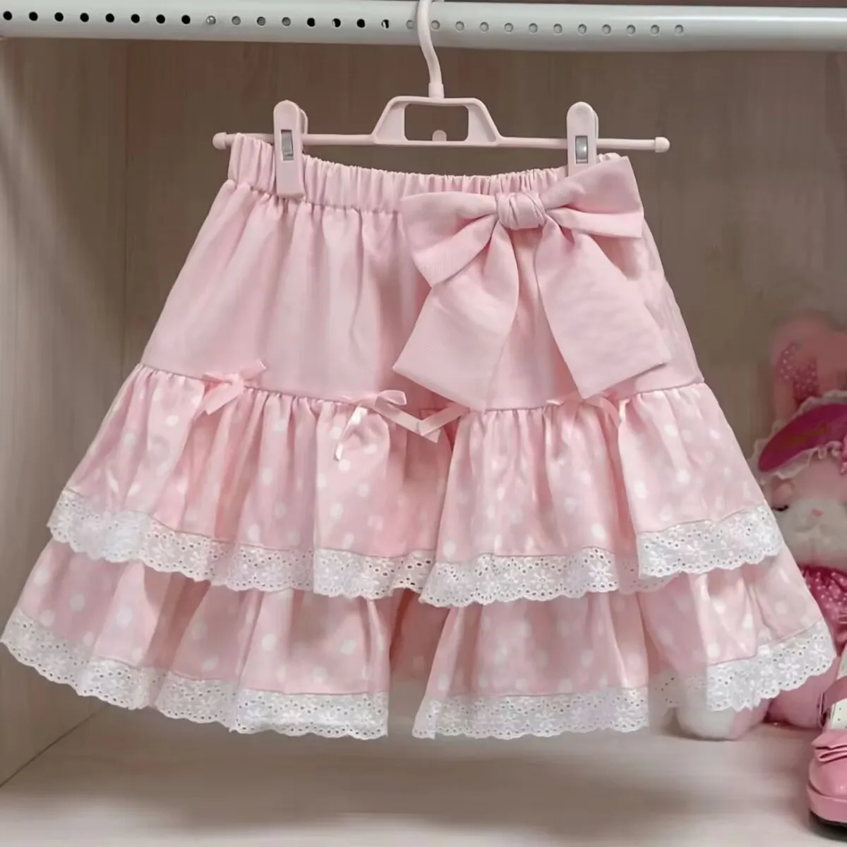 النمط الياباني لوليتا الكشكشة كعكة تنورة صغيرة القوطية الصيف النساء البولكا نقطة طباعة الوردي تنورة Kawaii الفتيات الكورية القوس Y2k تنورة #5