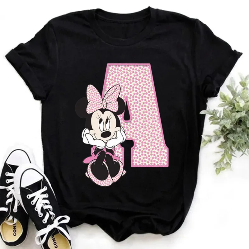 Disney Minnie Ladies T-shirt Women 26 capital letters A-Z Printed T-shirt Gothic crew-neck top Summer Kawaii Ladies top