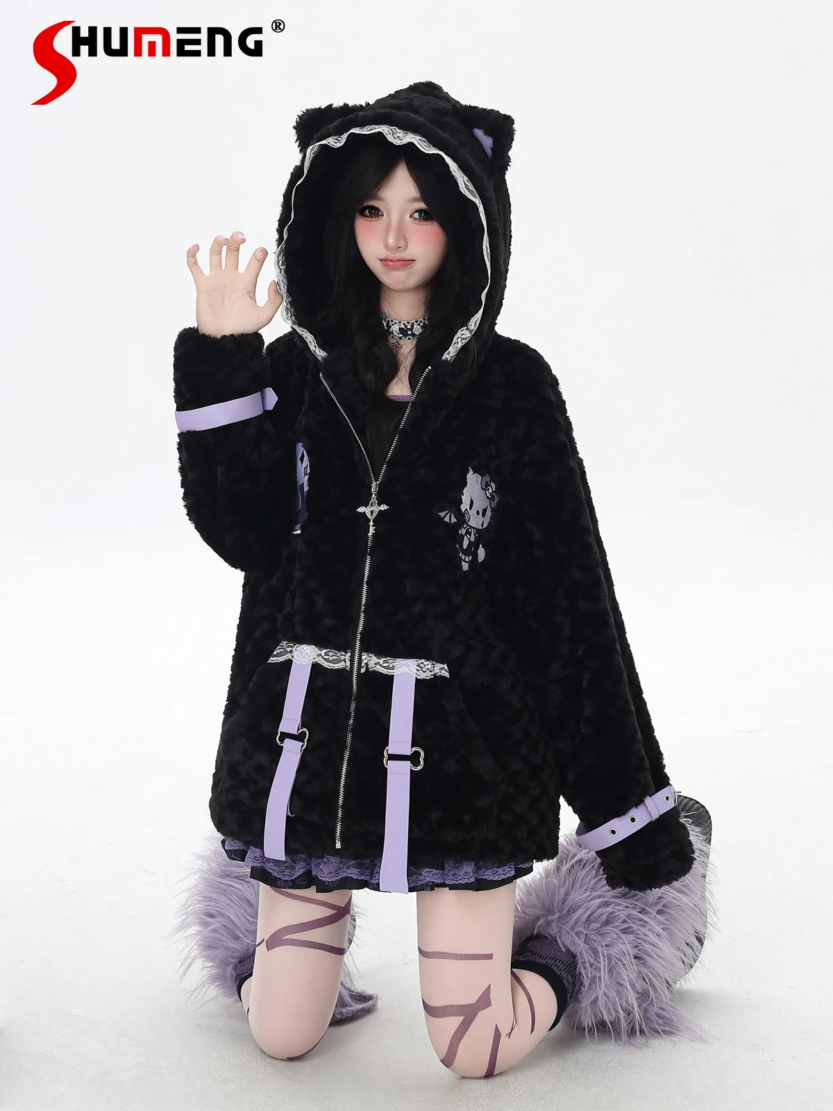 

Модные милые милые девушки с кошачьими ушками и капюшоном, мультяшная вышивка, молния, толстые теплые плюшевые пальто, свободные повседневные куртки, женские зимние