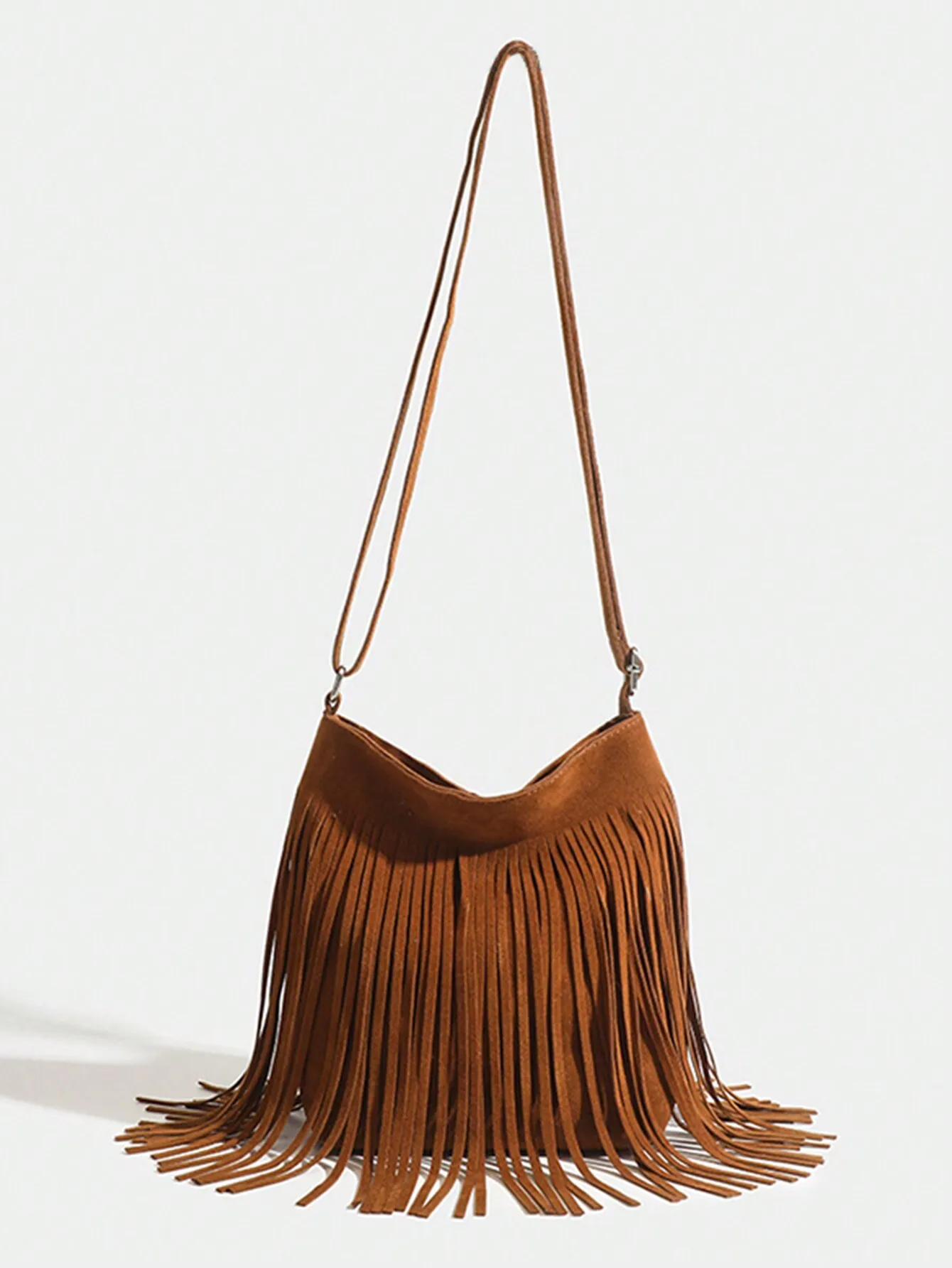 

Brown Suede Fringe Hobo Bag with Adjustable Strap, Casual Crossbody Style