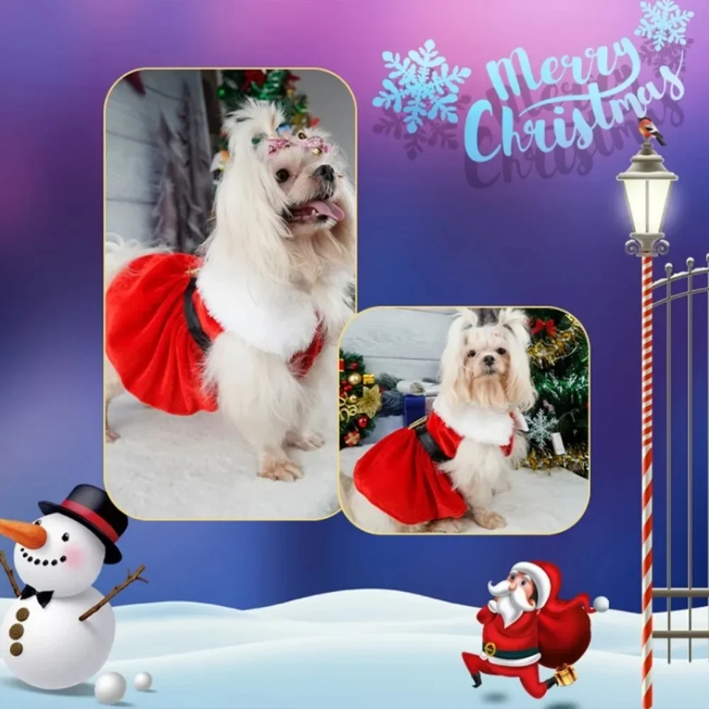 Pet Christmas Clothing Dog Cat Red Dress Warm Bow Frock Golden Velvet Fabric Santa Claus Clothes Dogs Cats Garment Pets Supplies