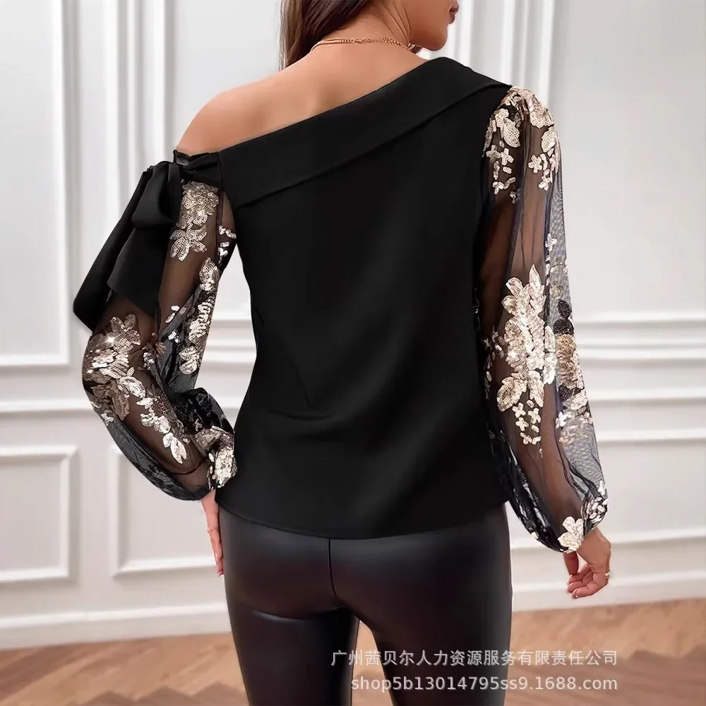 Women Top Print Mesh Spliced Sequins T Shirt Skew Collar Full Sleeve Tops Casual Elegant Lady Regular Pullovers Autumn