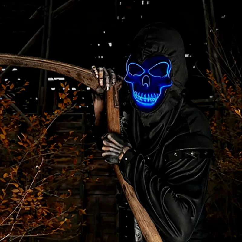 قناع جمجمة رعب الهالوين قناع الضوء البارد LED - مناسب للهالوين، يوم الموتى، عيد الفصح - قناع توهج الرعب للبالغين، القاعة