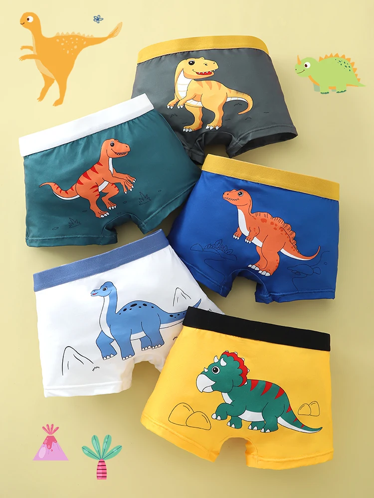 5pcs Boys' Teenage Knitted Dinosaur Print Boxer Shorts Comfortable Skin-Friendly forAll Seasons Suitable for Summer Outdoor Wear