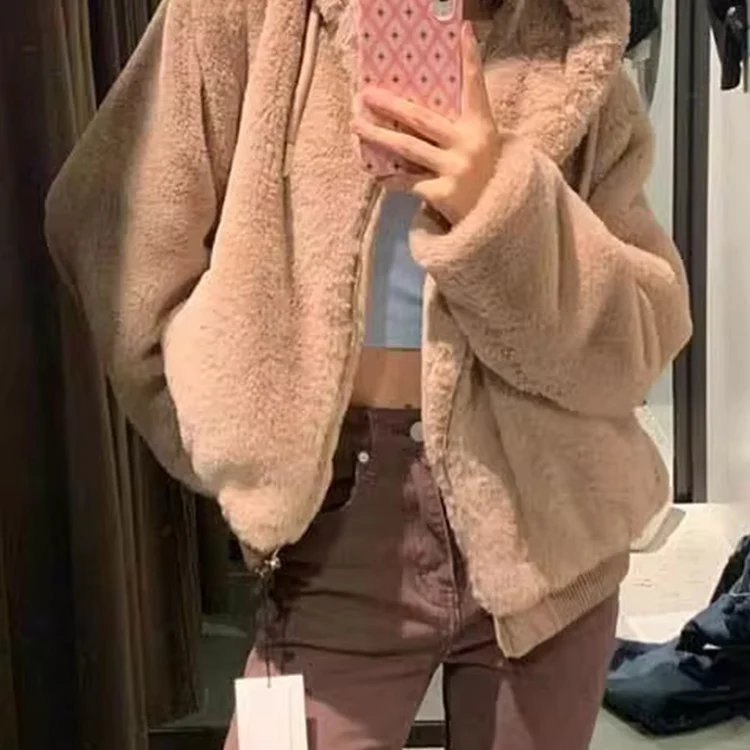 

Autumn Winter New Women's Faux Fur Effect Hooded Jaet Coat Polyester Fiber Long Sve Zipper Closure Color Loose Fit