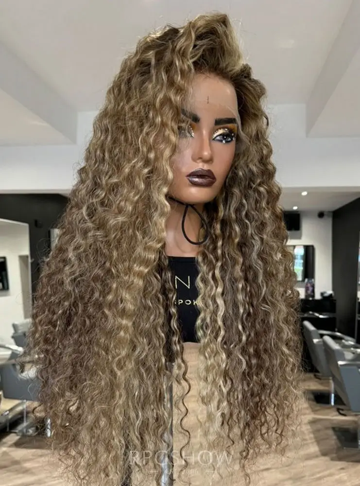 26 "الجديد في HD الدانتيل الجبهة غلويليس الشوكولاته البني Balayage الملونة شعر مستعار مقاومة للحرارة الفاخرة غريب مجعد الألياف الاصطناعية المخلوطة #3