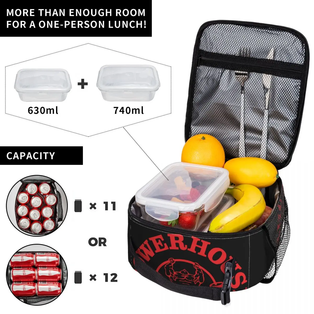 Powerhouse Gym Insulated Lunch Bags Portable Meal Container Cooler Bag Tote Lunch Box College Picnic Girl Boy