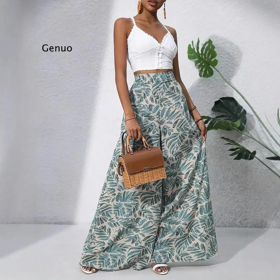 

2026 Tropical Leaf Print High Waist Wide Leg Pants Elastic Waist Palazzo Trousers