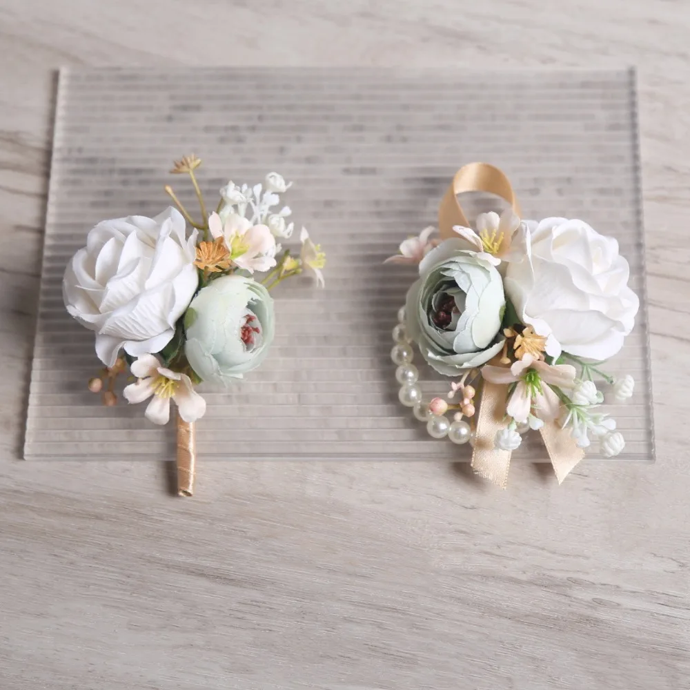 

Artificial Rose Flower Boutonniere Wrist Corsage Bride Groom Marriage Accessories White Green Silk